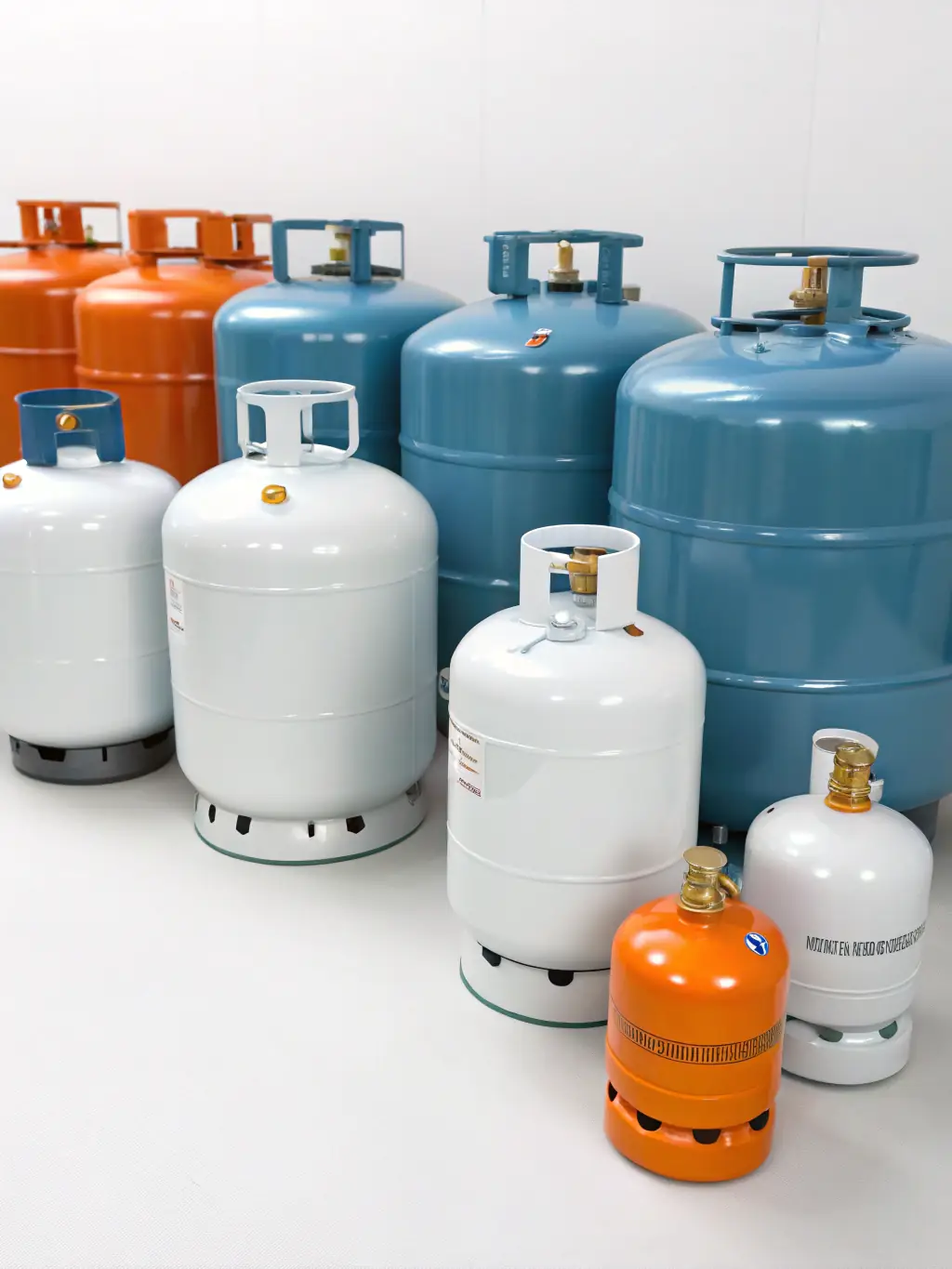 A variety of different sized propane tanks, illustrating the range of options available to suit different forklift needs.