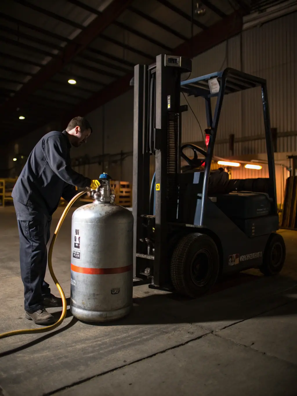A propane tank being quickly and safely refilled on a forklift, emphasizing the ease and speed of refueling.