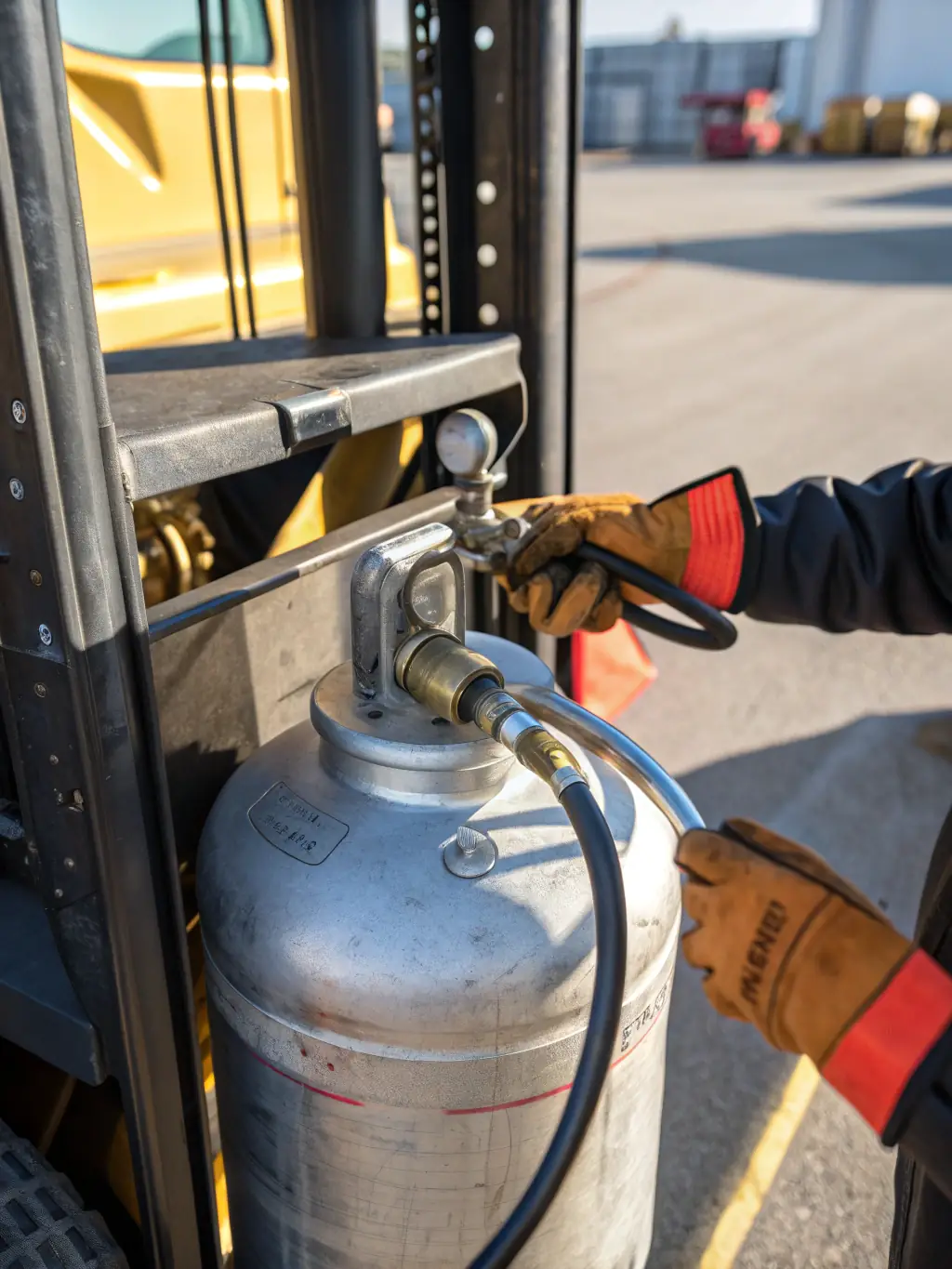 A close-up of a propane tank being safely connected to a forklift, emphasizing the safety measures taken during the refueling process.