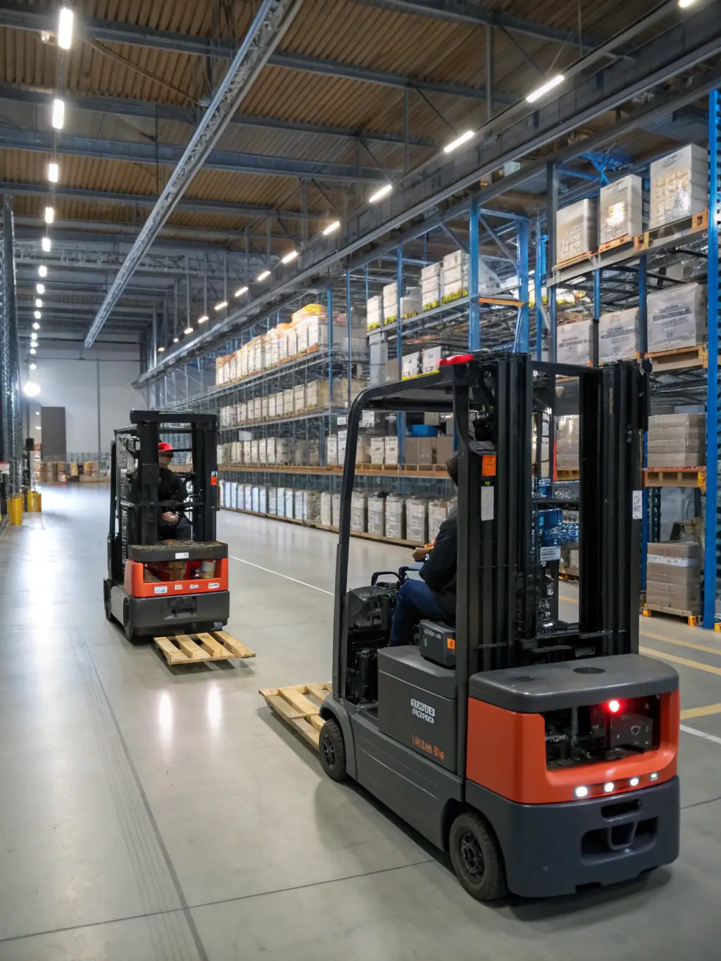 A clean-burning propane forklift operating in an enclosed warehouse space, highlighting its environmental benefits.