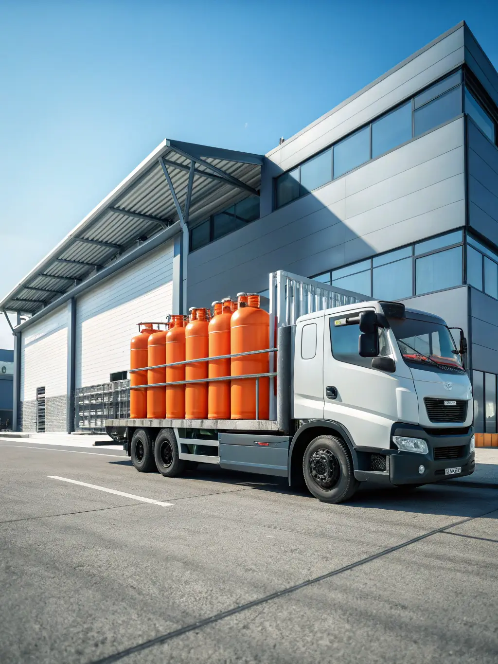 A propane delivery truck arriving at a construction site to refuel forklifts, showcasing the convenience of on-site service.